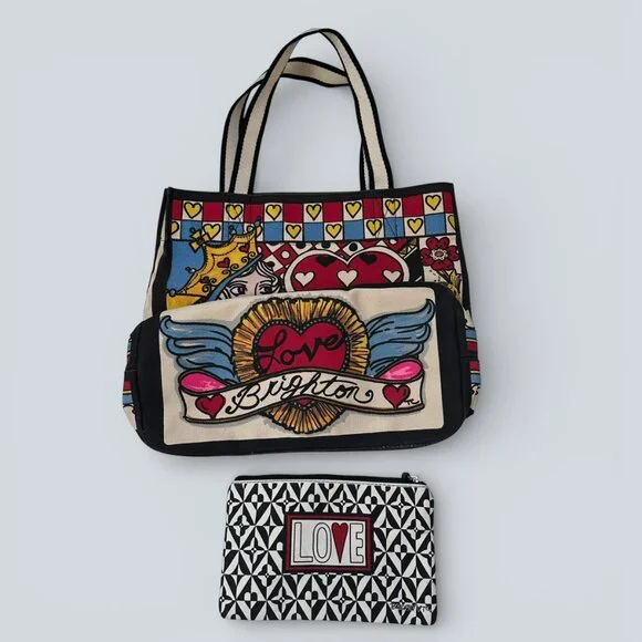 Set of BRIGHTON Canvas QUEEN OF LOVE Tote PLUS Zippered LOVE Pouch New - Picture 2 of 6